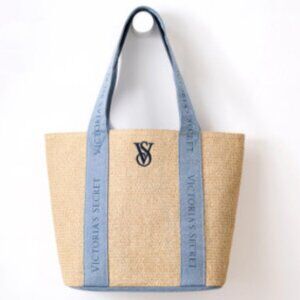 NWT Victoria's Secret Woven Beige and Denim Tote Bag Beach Pool Weekender